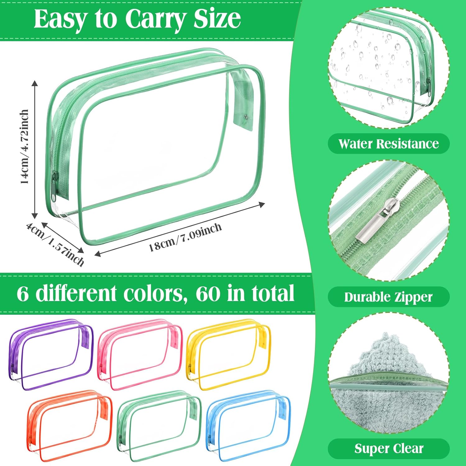 Cunno Clear Makeup Bags Bulk Travel Toiletry Bag 7 x 5.5 x 1.6 Inch PVC Zipper Pouch Waterproof Plastic Cosmetic Case Portable Organizer for Women Summer Bathroom(Bright Color,60 Pcs)