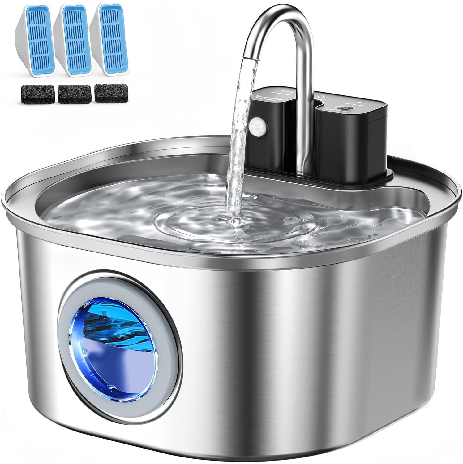 Edelstahl-Katzenbrunnen mit Wasserhahn-Design – 3,2L kabelloser Trinkbrunnen, 3 Betriebsmodi & 4-Stufen-Filter (inkl. 3 Filtern)