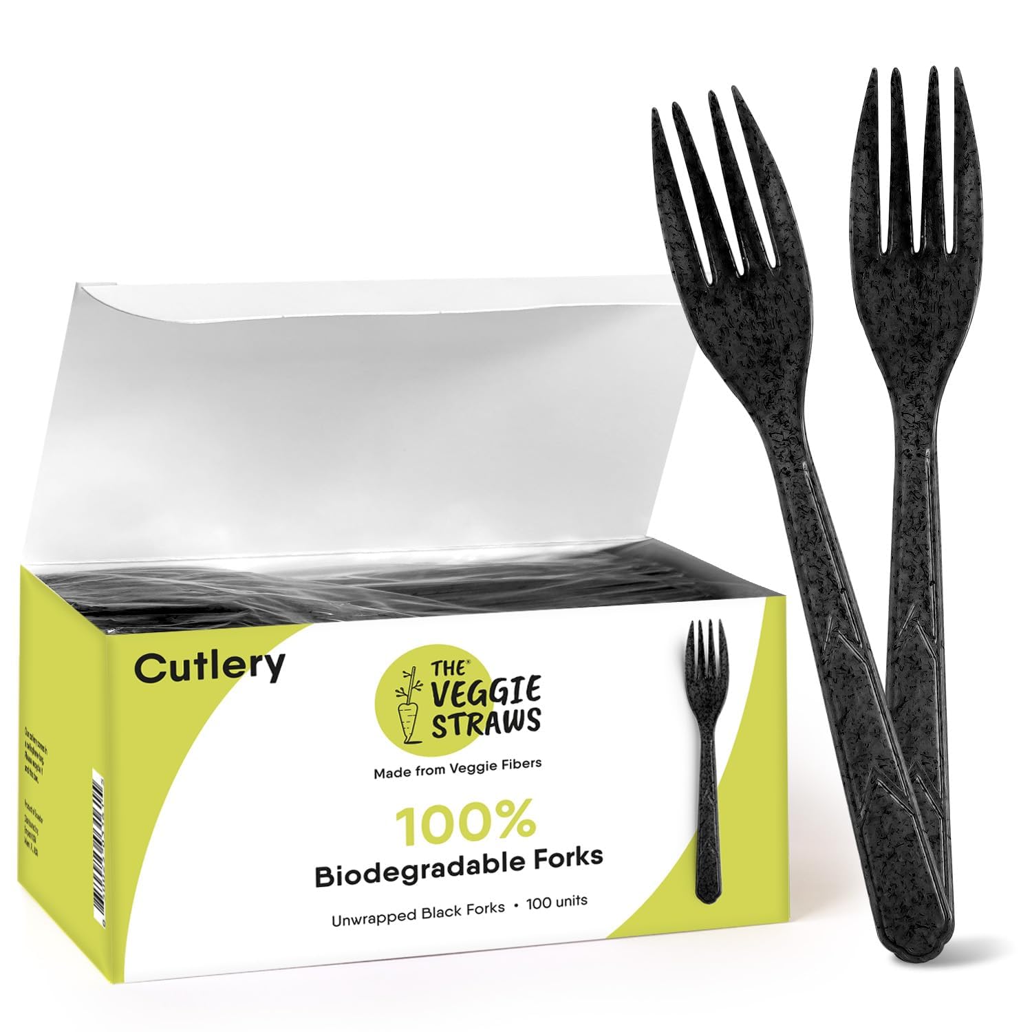 Premium Quality 100% Biodegradable Black Forks Made of Vegetable Fibers, 100 PCS of 6.7” Long Heavy-Duty and Splinter Free Eco-Friendly Forks, Perfect Sustainable Cutlery for All Types of Occasions