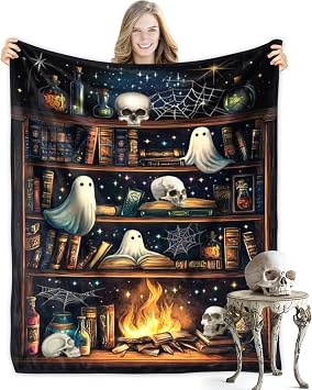 Throw Blanket, Vintage Bookshelf Skull Ghost Bat Spider Fire Universe Blankets, Gifts for Kids Adults Women Men Decorations for Couch Sofa Bed Bedroom Living Room 40x50 Inch