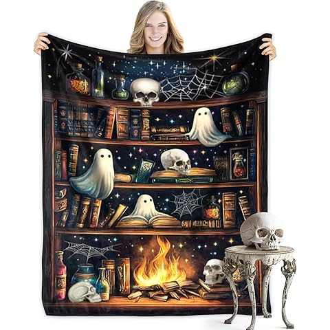 HalloweenThrow Blanket, Vintage Bookshelf Skull Ghost Bat Spider Fire Universe Blan...