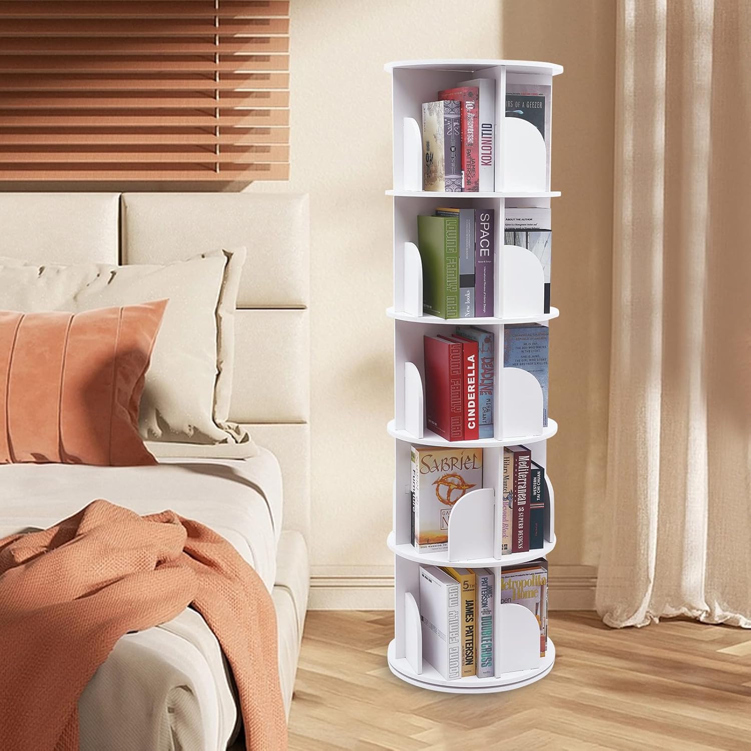 360°Rotating Bookcase, PVC Desktop Rotating Bookshelf Book Storage Shelf Display Rack Floor Standing Bookcase 360°Revolving Bookcase for Bedroom, Living Room (5 Tiers White)