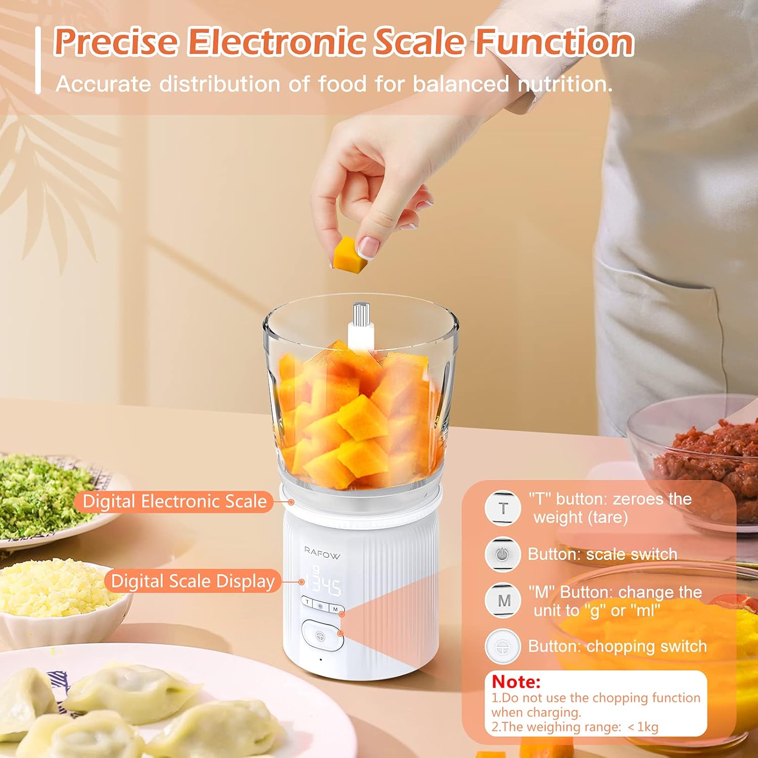 Buy Rafow Electric Portable Food Processor Mini Chopper with Electronic Scale 3 cup Glass Bowl