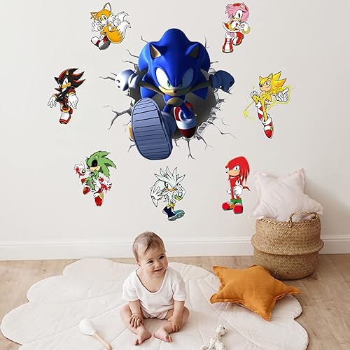 Calcomanías de pared combinadas de sónicos calcomanías de pared de dibujos animados para despegar y pegar para habitación de niños decoración de