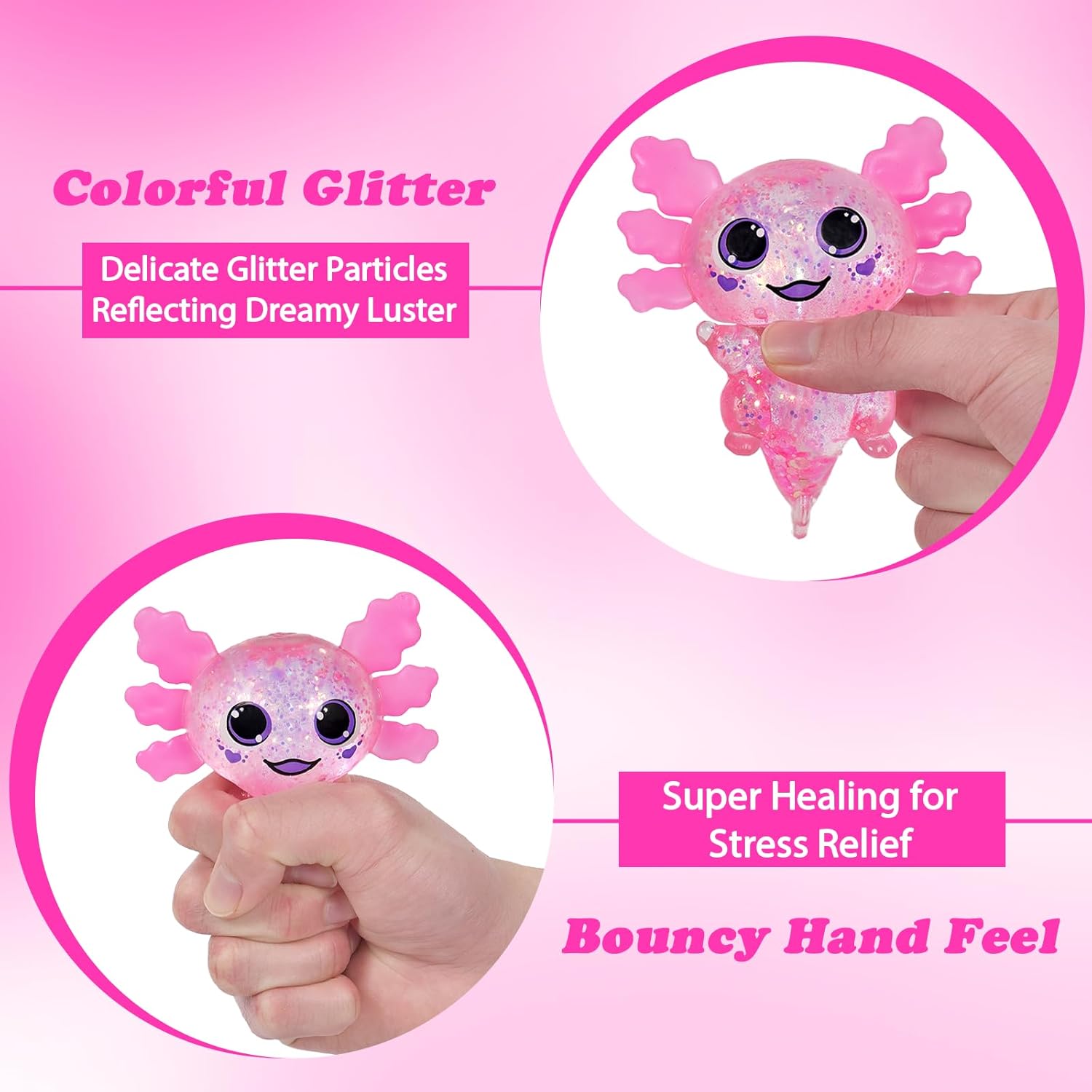 Axolotl Squishy Stress Ball, Soft TPR Slow Rising Squeeze Toy, Cute Axolotl Fidget Toy for Stress Relief, Anxiety Calming Sensory Toy for Kids Adults(Pink BigEars Axolotl)