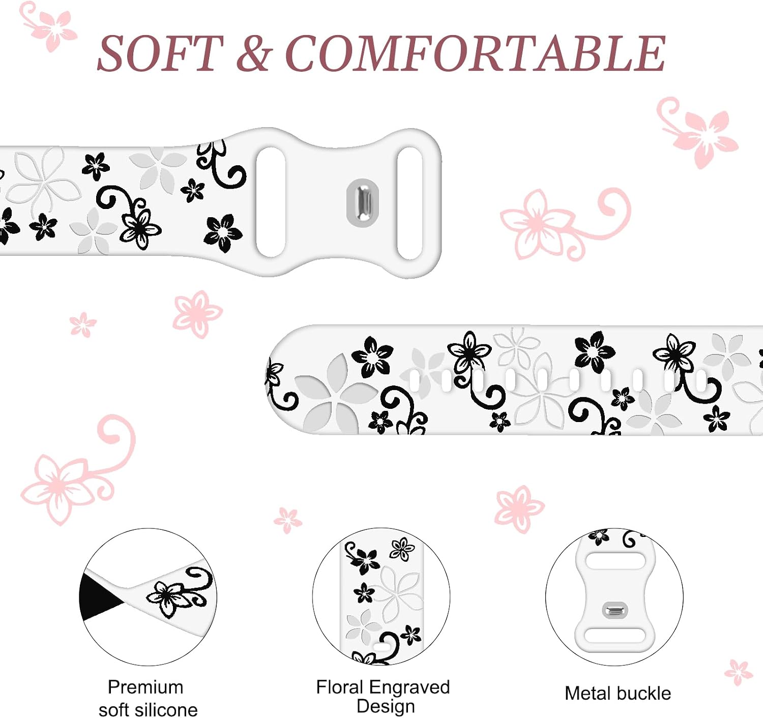 2 Pack Floral Engraved Bands for Samsung Galaxy Watch 8 Band 40mm 44mm/Watch 8 Classic 46mm, Cute Two-Tone Soft Silicone Sport Strap for Samsung Watch 8 Band Women