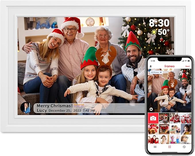 Digital Picture Frame FRAMEO 10.1" WiFi Digital Photo Frame 1280x800HD IPS Touch Screen, Built in 16GB Memory, Auto-Rotate, Share Photos and Videos via Frameo App, Gift for Friends and Family, White