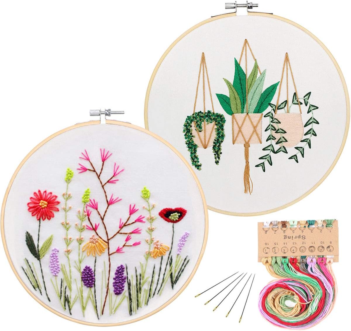 KISSBUTY 2 Pack Embroidery Starter Kit with Pattern, Full Range of Stamped Embroidery Kit Including Embroidery Fabric with Pattern, Bamboo Embroidery Hoop, Color Threads, Tools Kit(Plant and Floral)
