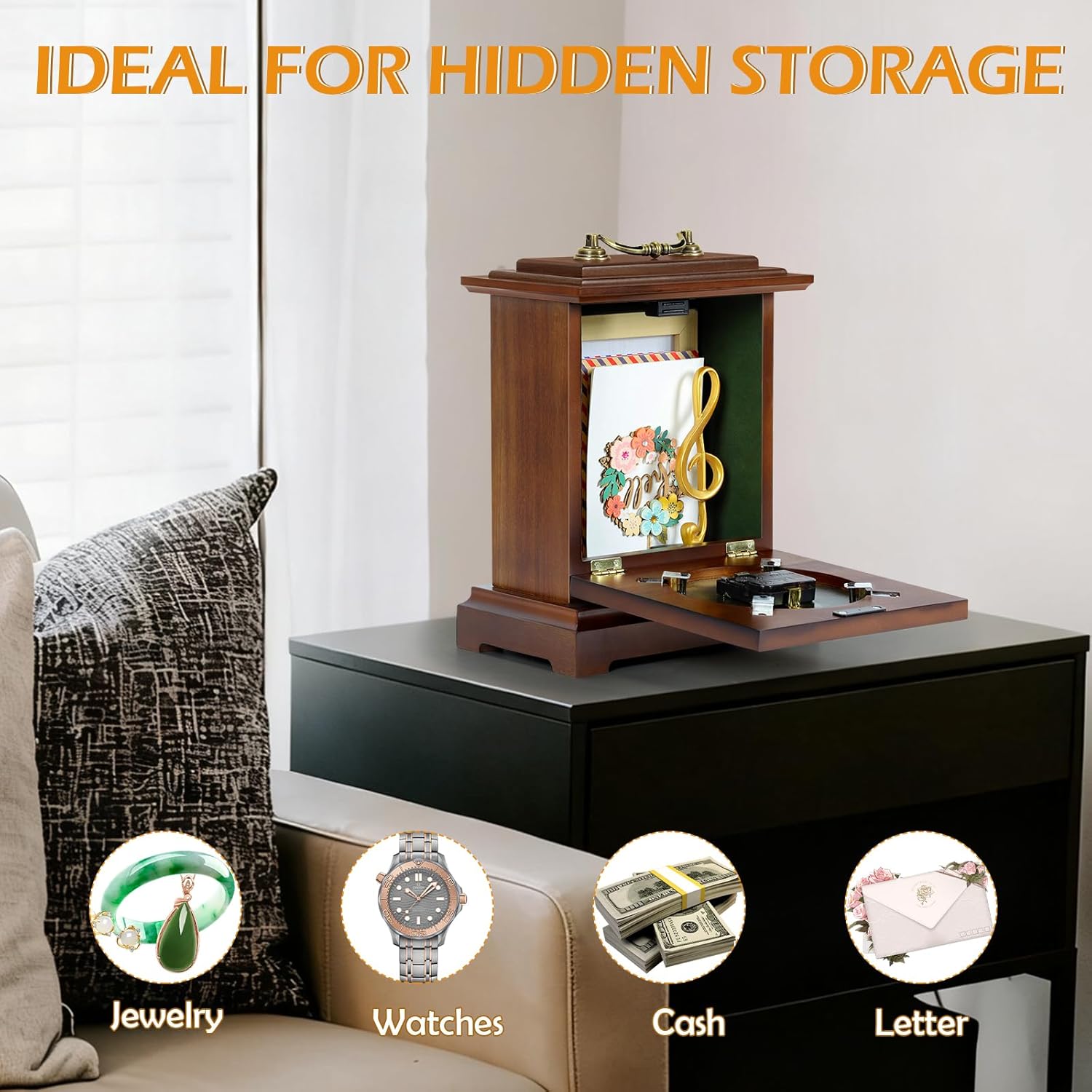 Shinoske Mantel Clock Battery Operated with Hidden Safe,Secret Compartment for Cash,Jewelry,Rings,Watches,Vintage Wooden Small Table Clock for Living Room,Fireplace,Home Decor,Rustic Brown