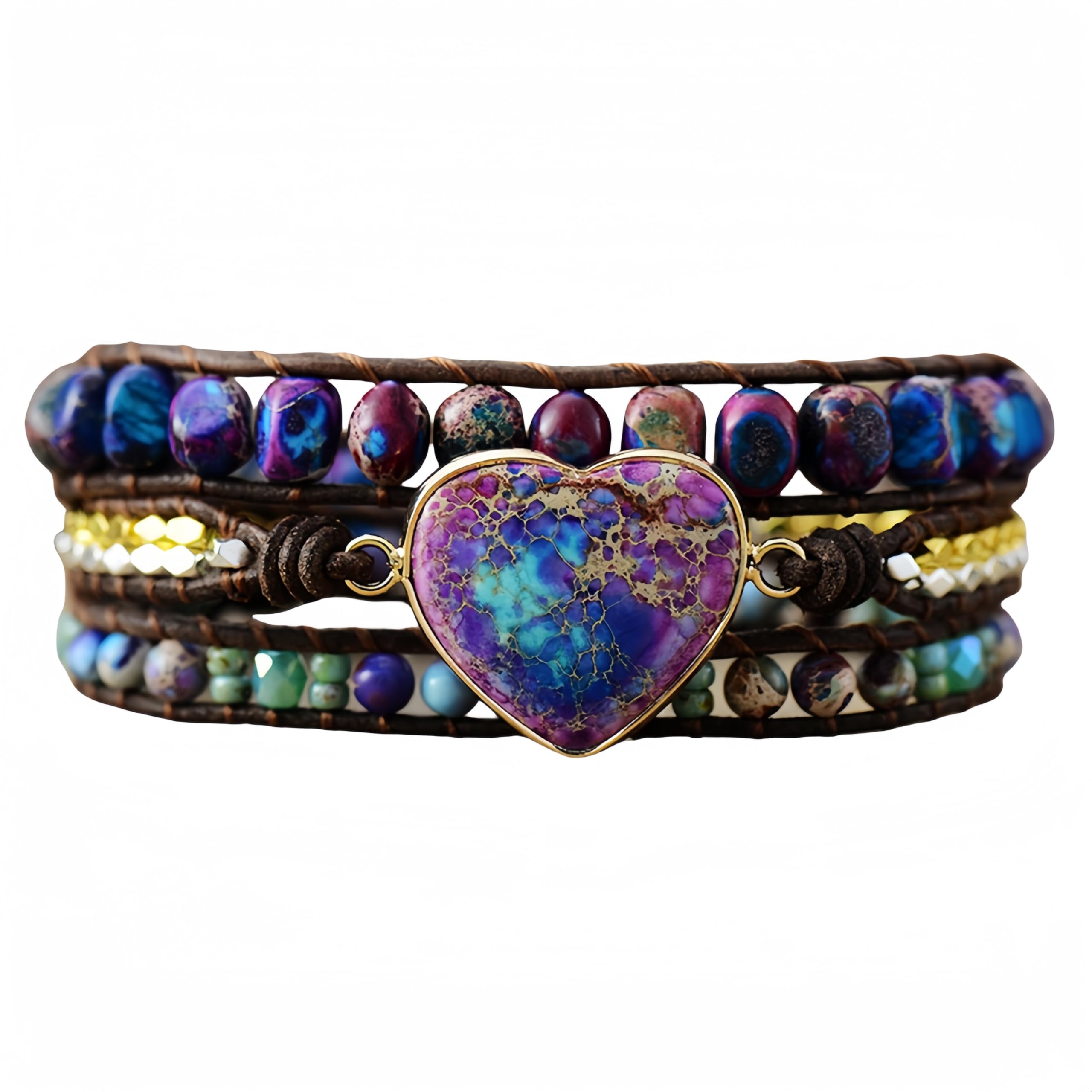 Bracciale chakra Boho multistrato fatto a mano, bracciali con perline regolabili, braccialetti in pelle con ciondolo in pietra dell'imperatore viola, gioielli per uomo e donna