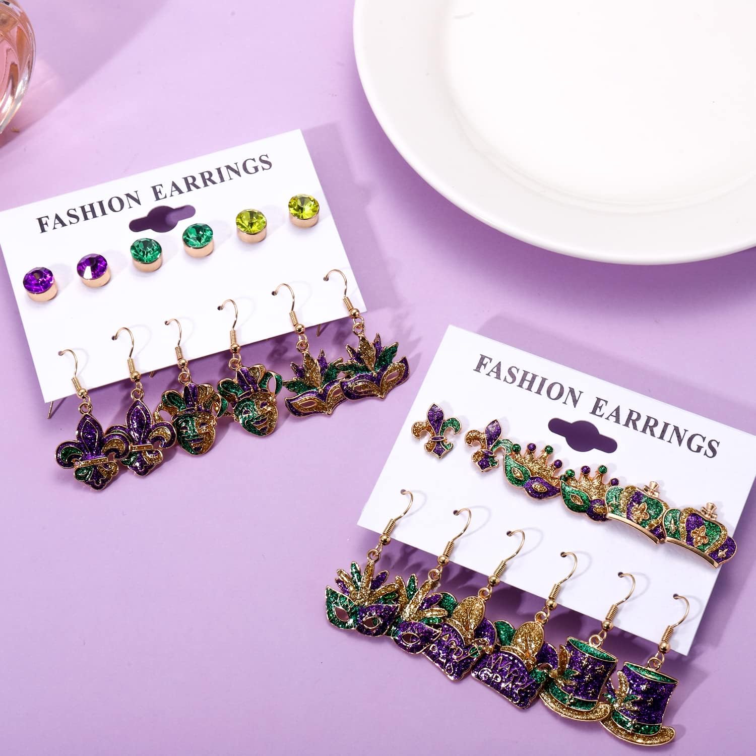 9/12Pairs Mardi Gras Earrings Glitter Mask Fleur De Lis Crown Drop Dangle Earrings Carnival Stud Earrings Set Fat Tuesday Parade Party Accessory Gifts - Image 4