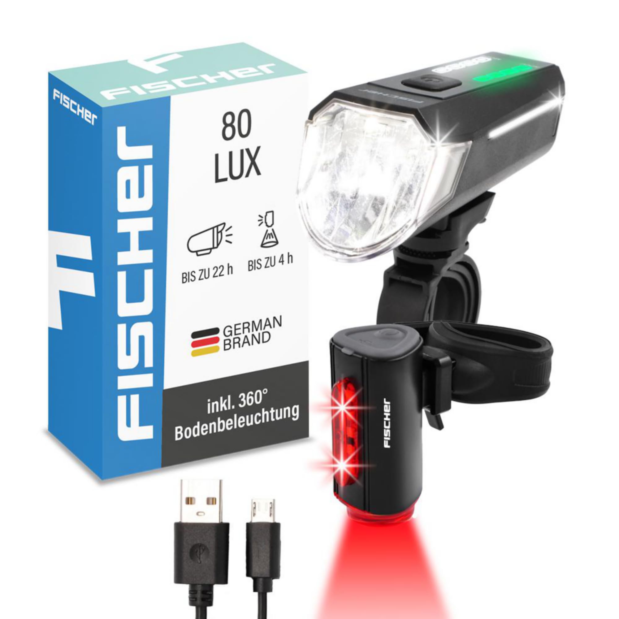 Fischer Zestaw oświetlenia LED do roweru Twin z innowacyjną lampą podłogową 360° zapewnia lepszą widoczność i ochronę, światło przednie