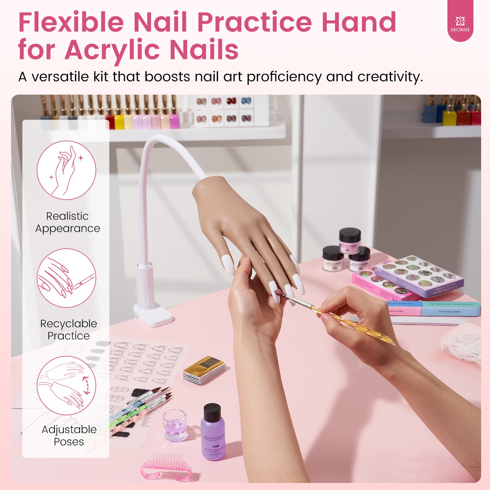 Mano de práctica para uñas acrílicas: Mano de silicona para práctica de uñas con kit de uñas acrílicas para principiantes - Entrenamiento flexible Manicura de manos falsas Juego de polvo acrílico para 3