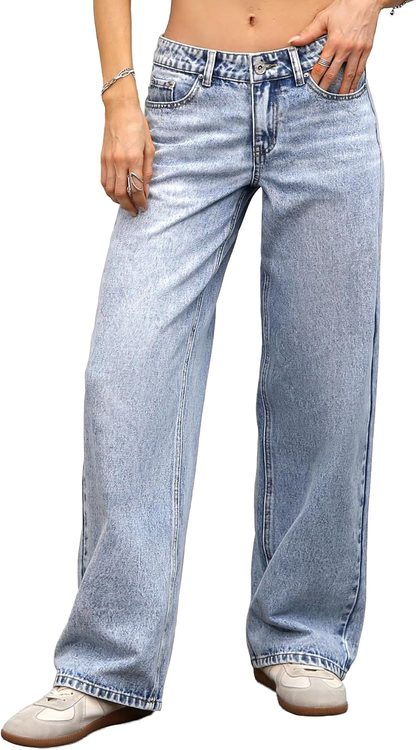 Women's Low-Rise Baggy Jeans, Stretchy Loose Y2K Boyfriend Wide Leg Jeans Straight Leg Denim Pants