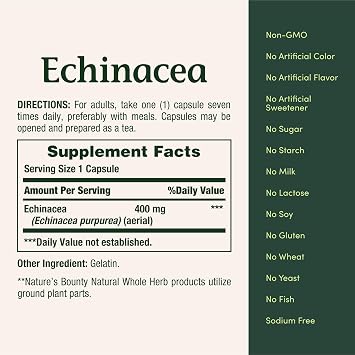 Nature's Bounty Echinacea, Herbal Supplement, Supports Immune Health, 400mg, 100 Capsules