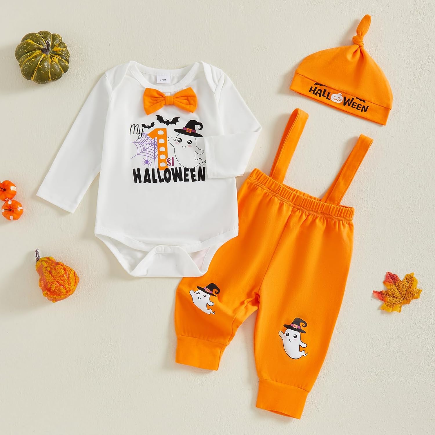 Karuedoo My 1st Halloween Baby Boy Outfit Long Sleeve Bowtie Romper Suspender Pants with Hat 3 Piece Fall Clothes Sets - Image 5