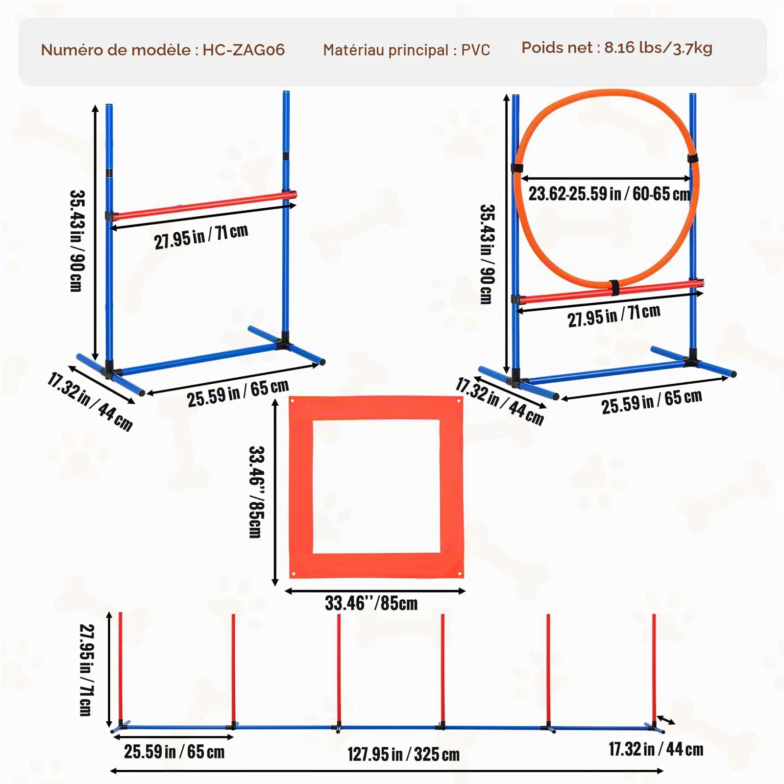 VEVOR Équipements d'Entraînement Agilité pour Chien, Ensemble 4PCS, Parcours Obstacles pour Chiot, avec Haies Hautes Réglables, 6 Poteaux, Anneau de Saut, Boîte de Pause Carrée, Sifflet, Bol Pliable