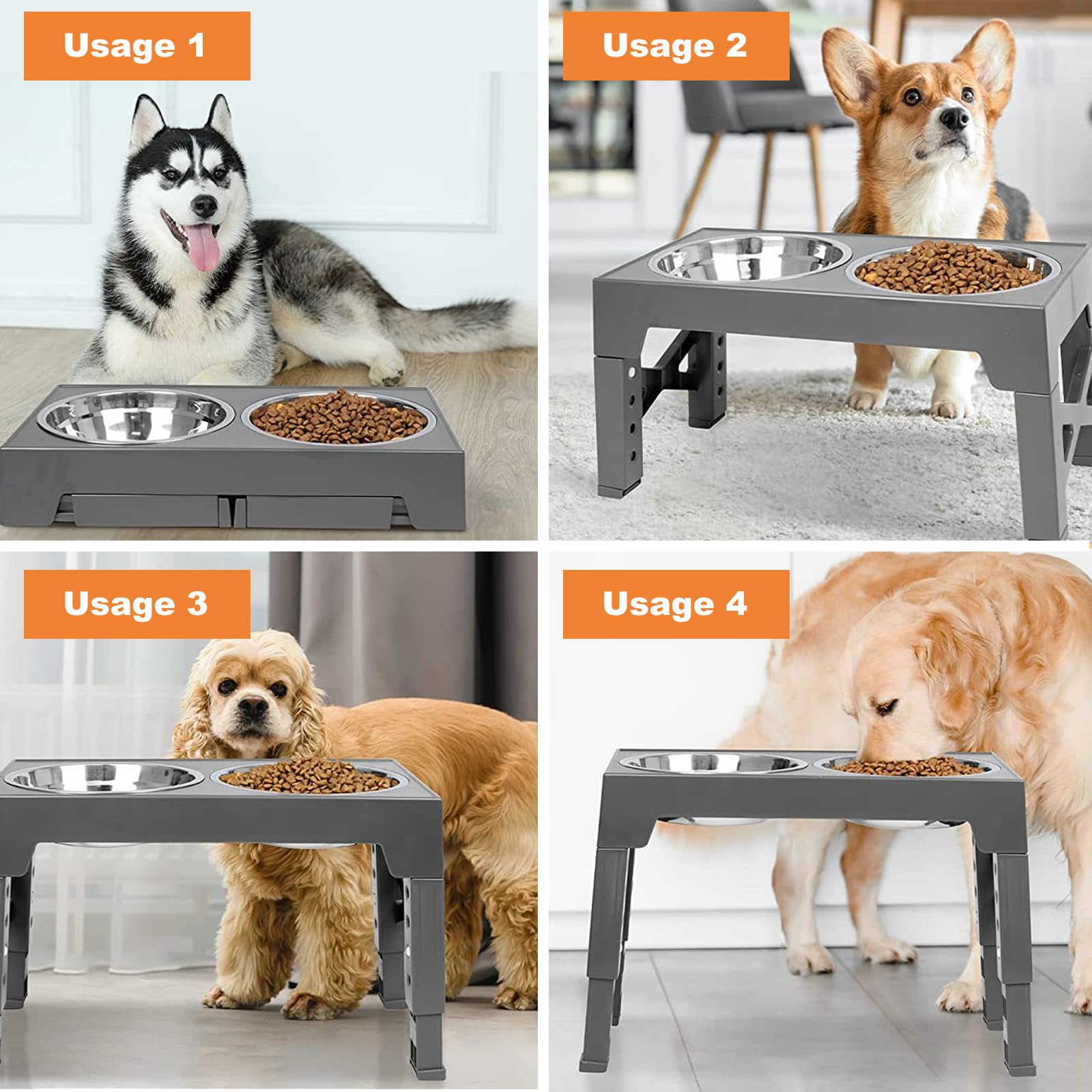 PETCUTE Gamelle Chien Surélevées de 5 Hauteurs Ajustables, Pliable Gamelle pour Chiens avec 2 Bols en Acier Inoxydable, Antidérapant,pour Chiens et Animaux de Compagnie de Petite,Noir