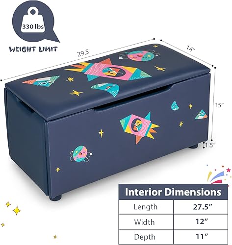 Miniatura 7 de HONEY JOY Caja de juguetes de madera para niños baúl grande de almacenamiento de juguetes 2 en 1 con asiento acolchado acolchado asas de transporte