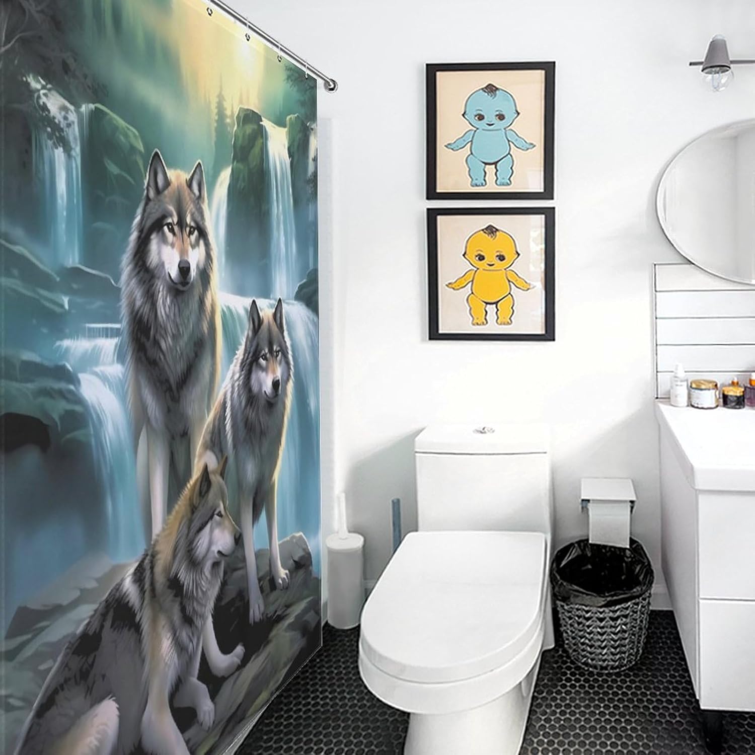 Wolf Sunrise Waterfall Funny Shower Curtains Washable Bath Curtain Liner with Hooks for Bathroom Bath Tubs