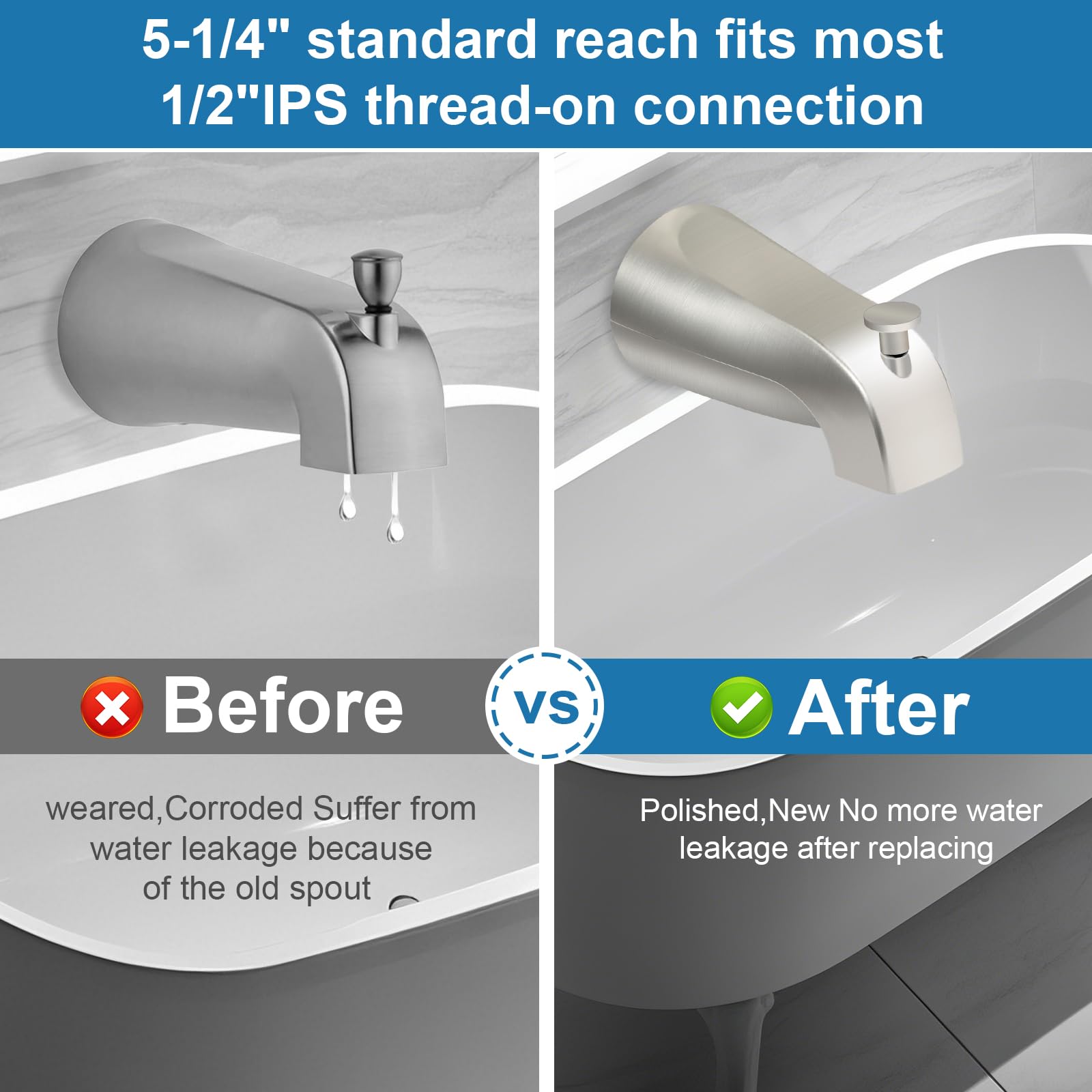 Boquilla universal para bañera de baño para montaje frontal de pared de alcance de 4 pulgadas, compatible con Westbrass E531D-1F-62, boquilla de bañera con desviador de rosca interior IPS de 1/2