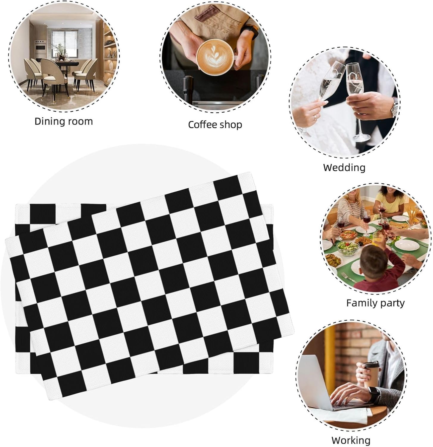 Fiokroo Black White Checkered Print Placemats Set of 6 Checkerboard Table Mats Table Tableware Place Mats with Non-Slip Heat-Resistant Washable for Dining Home Kitchen Party Indoor