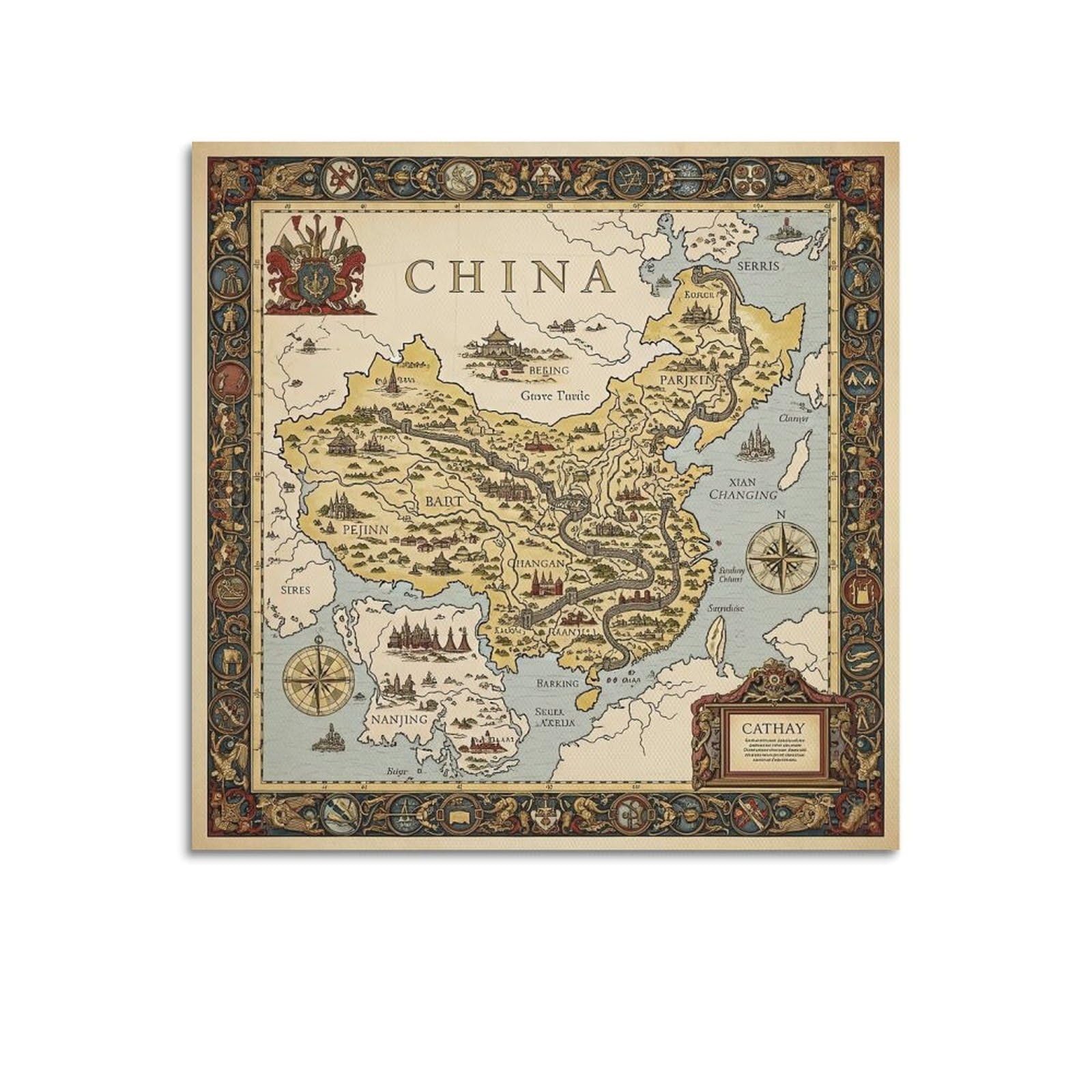 OKAHYS Vintage China Travel Map Artwork Poster Decorative Painting Canvas Wall Artworks Picture 16x16inch(40x40cm)