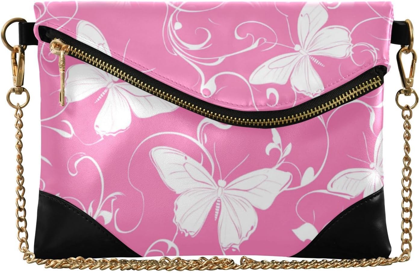 PU Leather Clutch Handbags for Women Stylish Crossbody Bags for Lady Peach Plants Butterfly White Silhouette