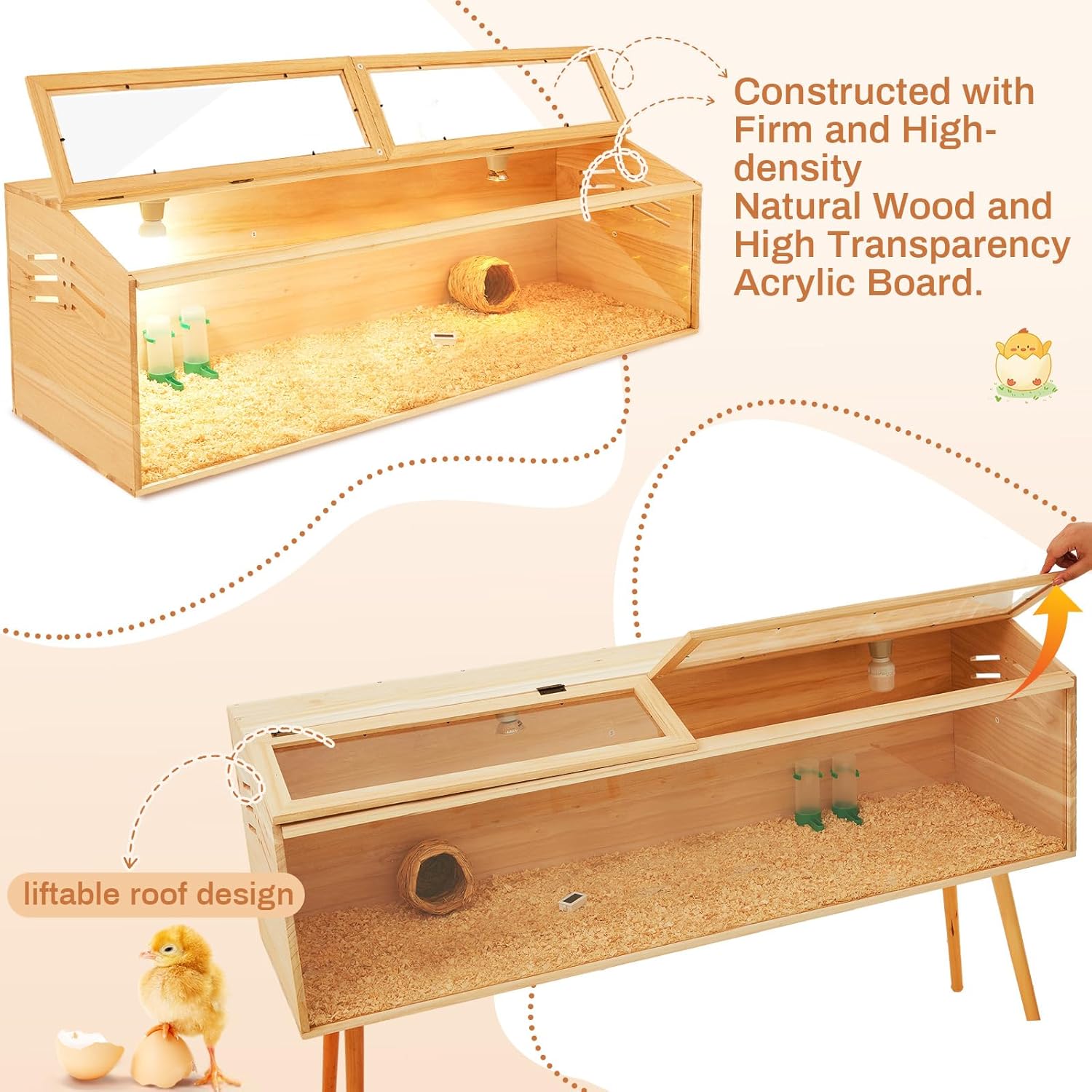 CroBlissful 47 x 16 x 16 in Brooder Box for Chicken Quails Stand Sliding Door, Bulb Set and Feeder, Indoor Chicks Coop Brooder Box Kit, for Ducks, Hamsters, Lizards, Mice, Rat(Table Legs, Wooden)