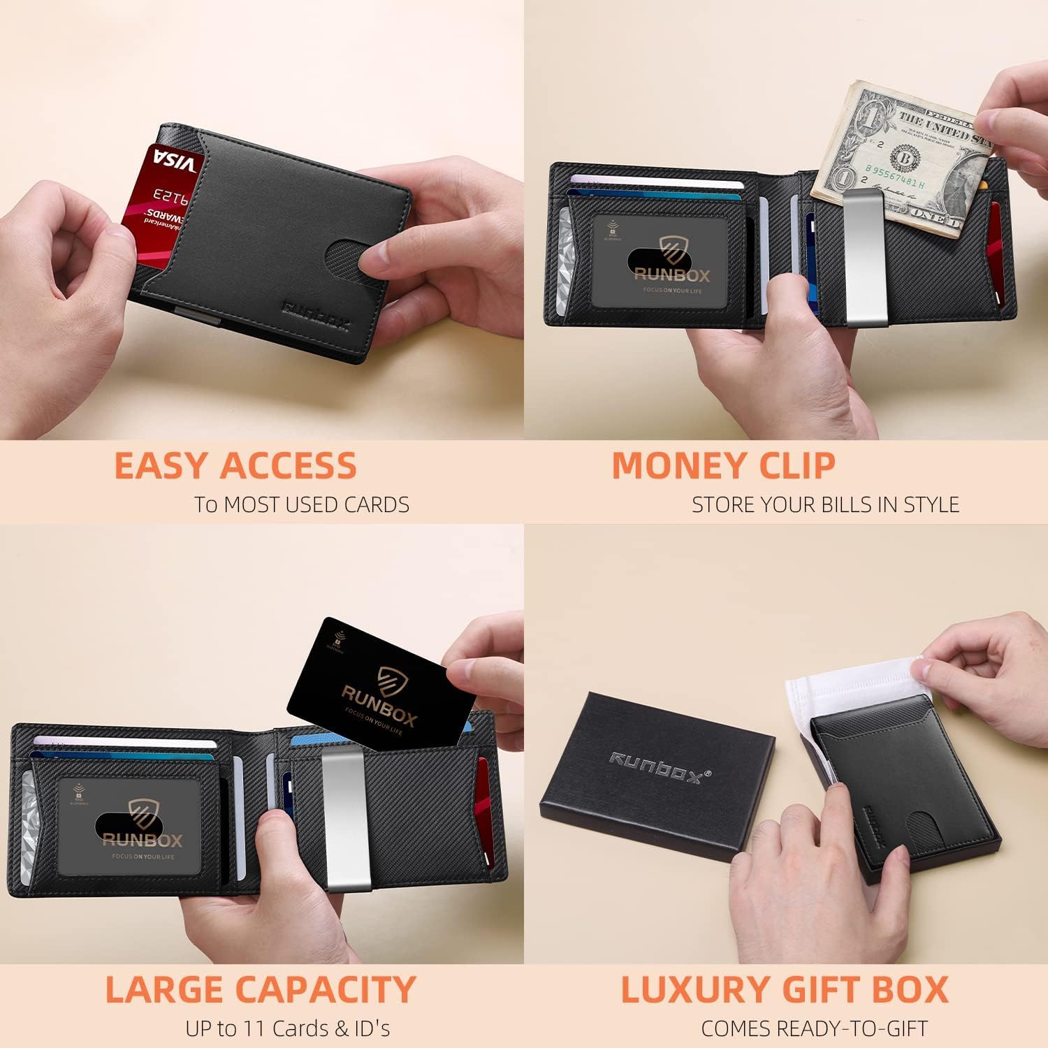 RUNBOX Slim Wallets for Men - Leather Money Clip Mens Wallet - RFID Blocking Front Pocket Bifold Wallet - Thin Credit Card Holder with Gift Box - Image 2