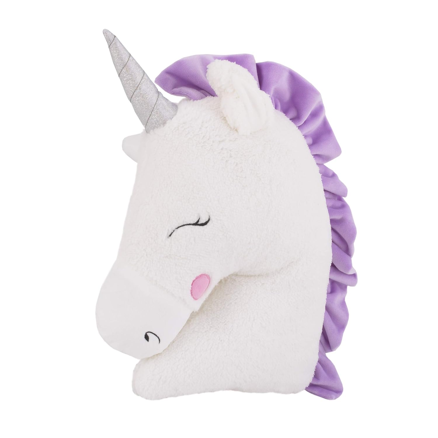 NoJo Shaped Plush Sherpa Decorative Pillow, 1 Count (Pack of 1), Unicorn-White, Lilac, Silver, Lavender
