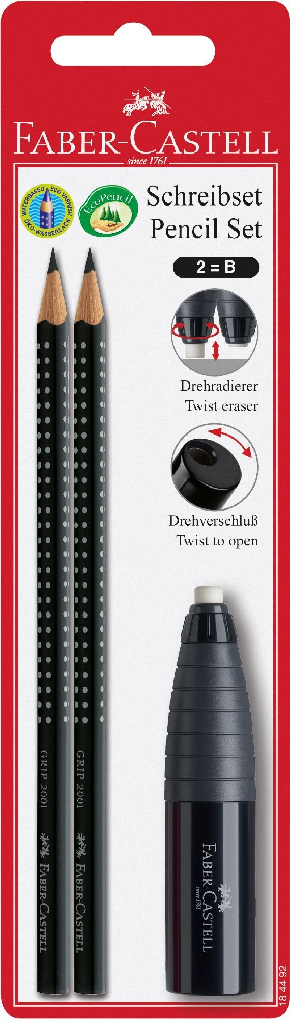Faber-Castell 184492 Crayons GRIP set combination gomme/Taille-crayon, noir blister