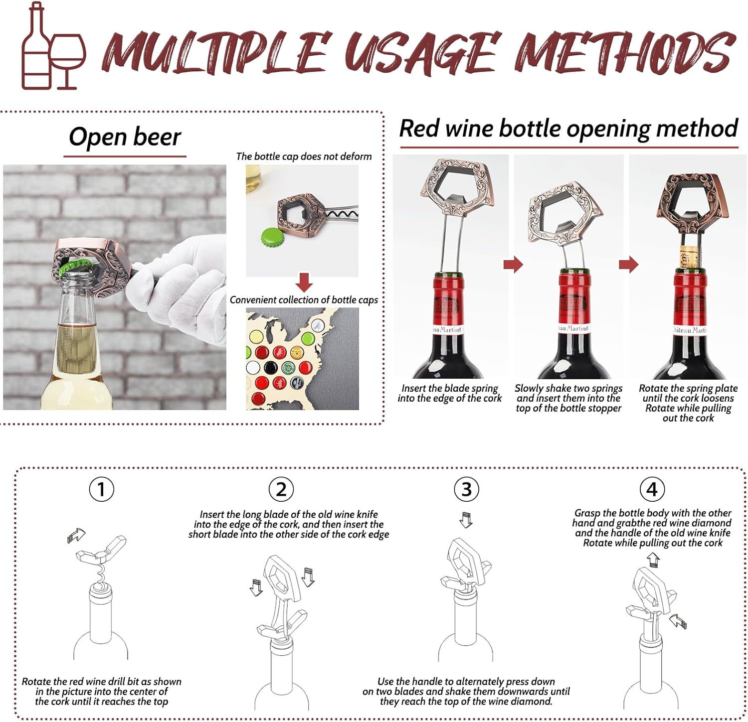 3 in 1 Ah So Two Prong Wine Opener & Cork Remover,It Can Remove The Older and Fragile Wine Corks so Easy for Connoisseurs to Uncork (Copper)