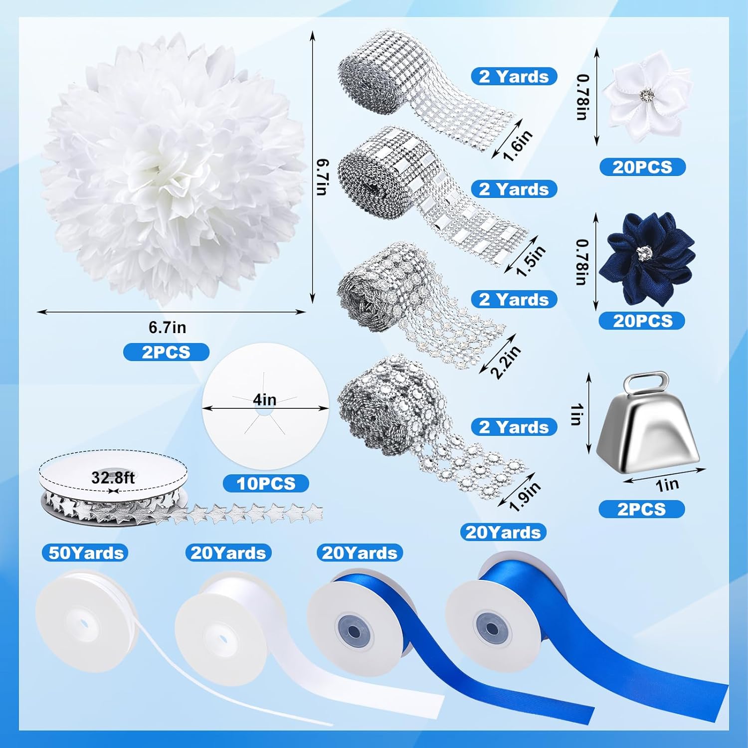Homecoming Mum Supplies Set 7'' Artificial Mum Flower Paper Disc Backer Ribbon Homecoming Mum DIY Craft Kit for Homecoming Week Dancing Party King Queen Gift Decor(Blue,Classic Style)