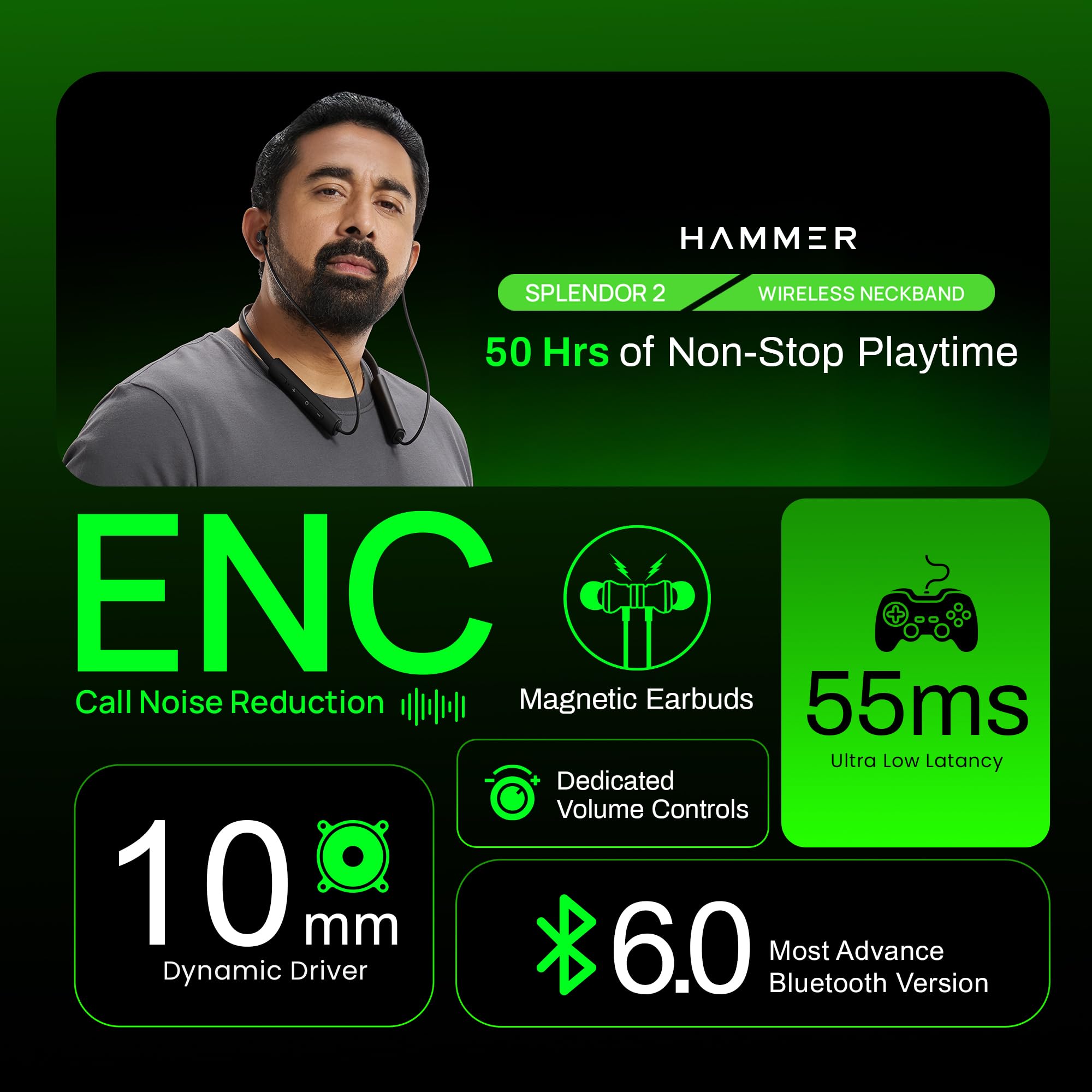 HAMMER Splendor 2 Wireless Neckband Bluetooth v6.0 with 50H Playtime, ENC, 10mm Drivers, Type-C Fast Charging, 55ms Low Latency, Lightweight Earphones (Black) — Amazon image 3