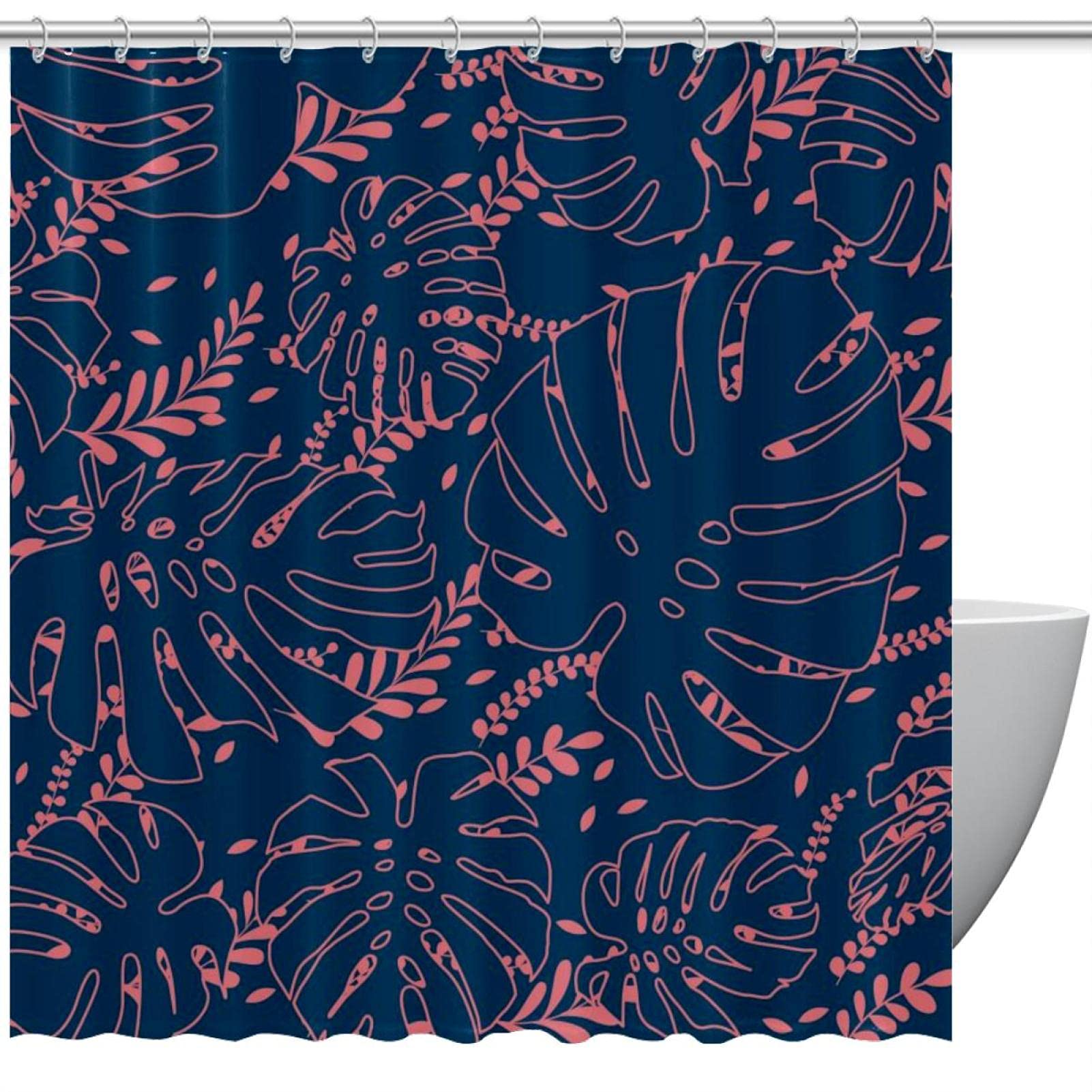 Rideau de douche anti moisissure bleu marine motif feuilles 183x183