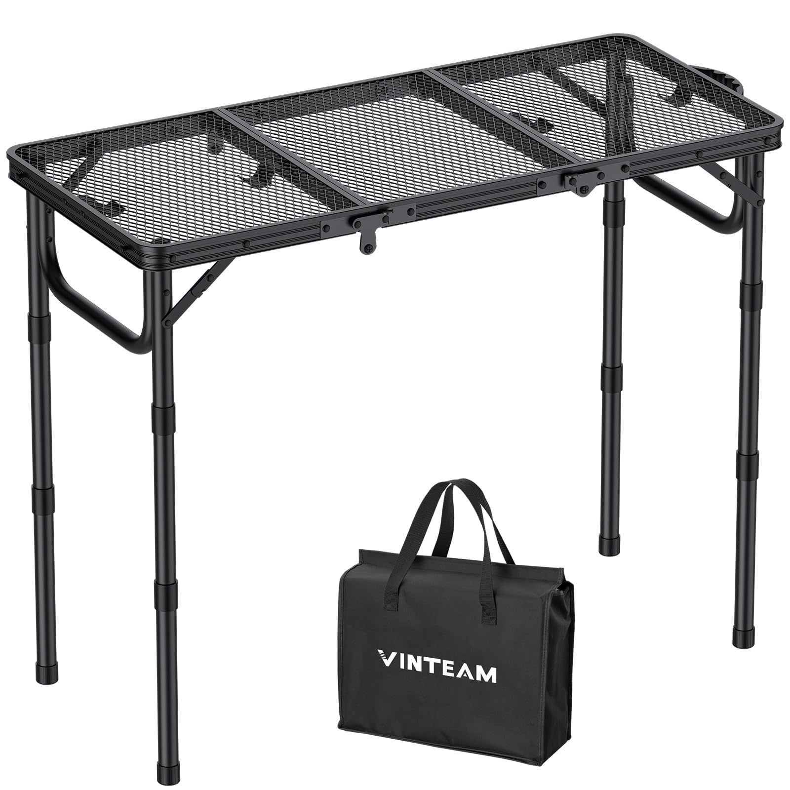 VINTEAM Camping Table, Folding Table with 3 Adjustable Heights, Portable Picnic Table with Mesh Desktop, Waterproof Foldable Table for Camping BBQ Picnic 87x40cm