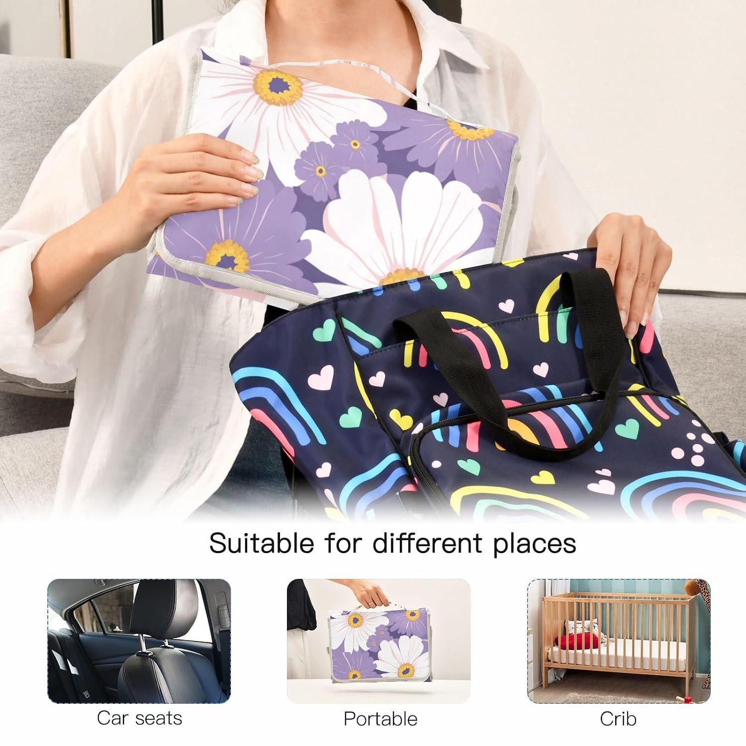 Purple Flowers White Daisy Reusable Diaper Change pad with Tissue Pocket Diaper Changing pad Portable for Newborns Girl & Boy cambiador de pa?ales para Bebes