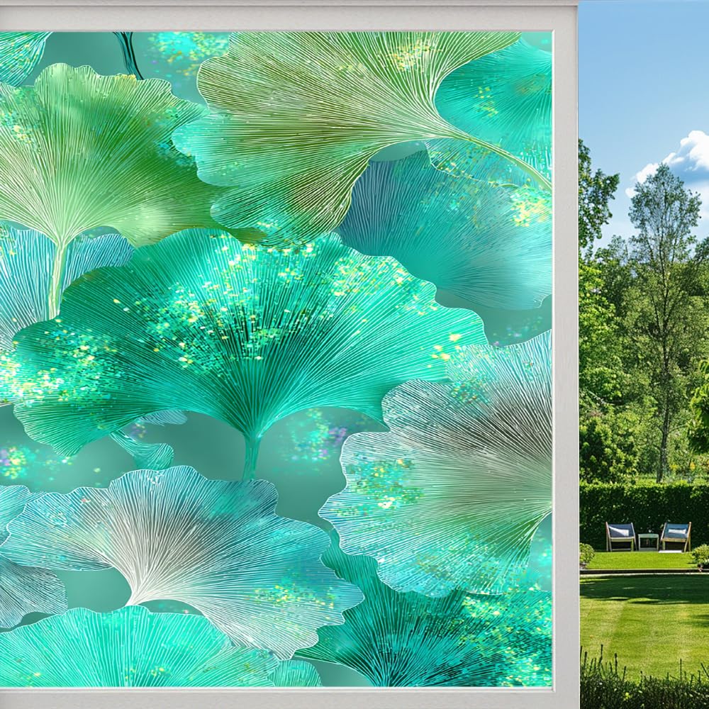 Pmlbaous Dreamy Plants Frosted Window Film, Natural Ginkgo Leaves Stained Glass Privacy Film, Heat Insulation Self-Adhesive Vinyl For Bathroom Office, （80X120cm）