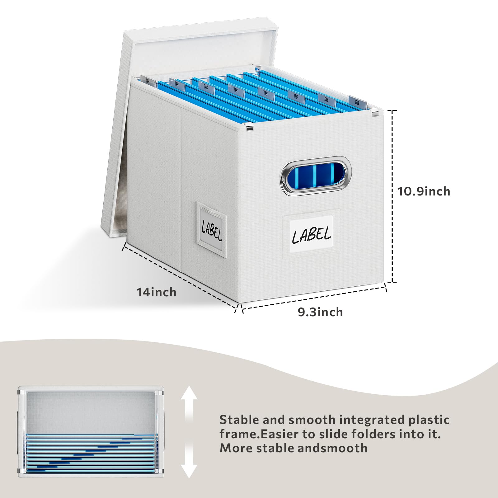 Caja organizadora de archivos con tapa, juego de 2 cajas de archivos colgantes portátiles, cajas de almacenamiento plegables de lino decorativas para oficina y hogar (blanco, 14 x 9.3 x 10.9