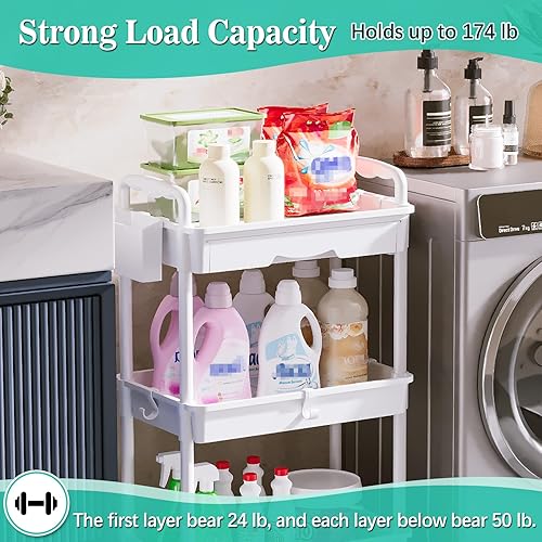 Miniatura 5 de Carrito rodante de 3 niveles con cajón, organizador de almacenamiento de baño con 2 ruedas bloqueables, carrito de almacenamiento multifuncional