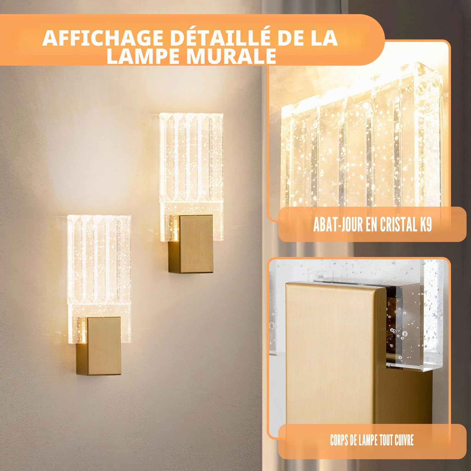 Lot de 2 Appliques Murales LED Cristal K9 Doré – Paire de Luminaires Muraux 5W avec 3 Couleurs – Éclairage Luxe Contemporain Idéal pour Chambre à Coucher, Salon, Salle à Manger et Couloir