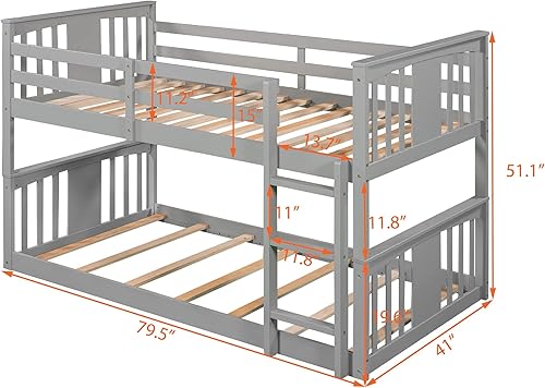 Miniatura 2 de Litera de piso tamaño individual sobre individual con escalera para niños literas individuales de madera maciza con barandilla de seguridad de