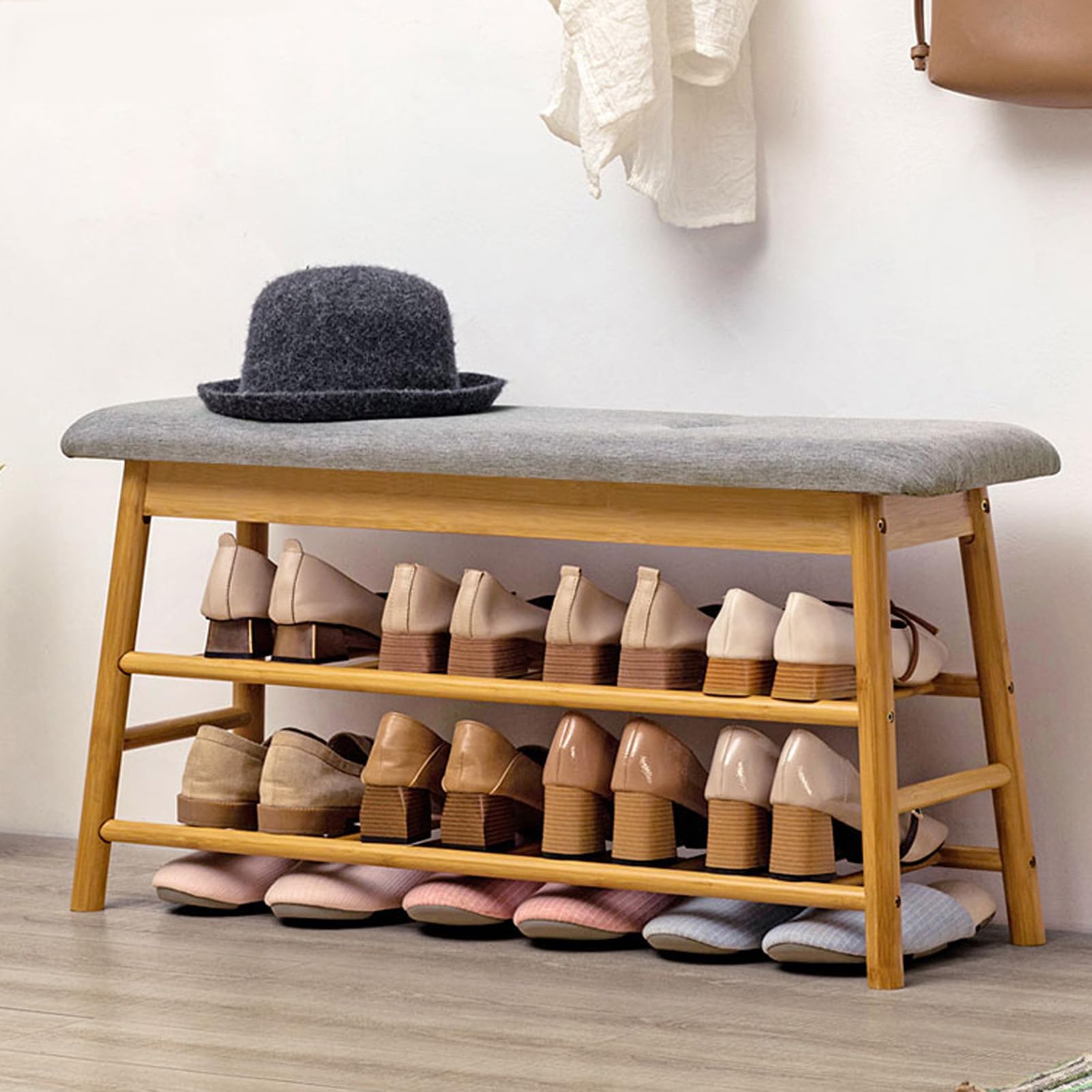 Banc à chaussures en tissu lin pour optimiser le rangement de votre entrée