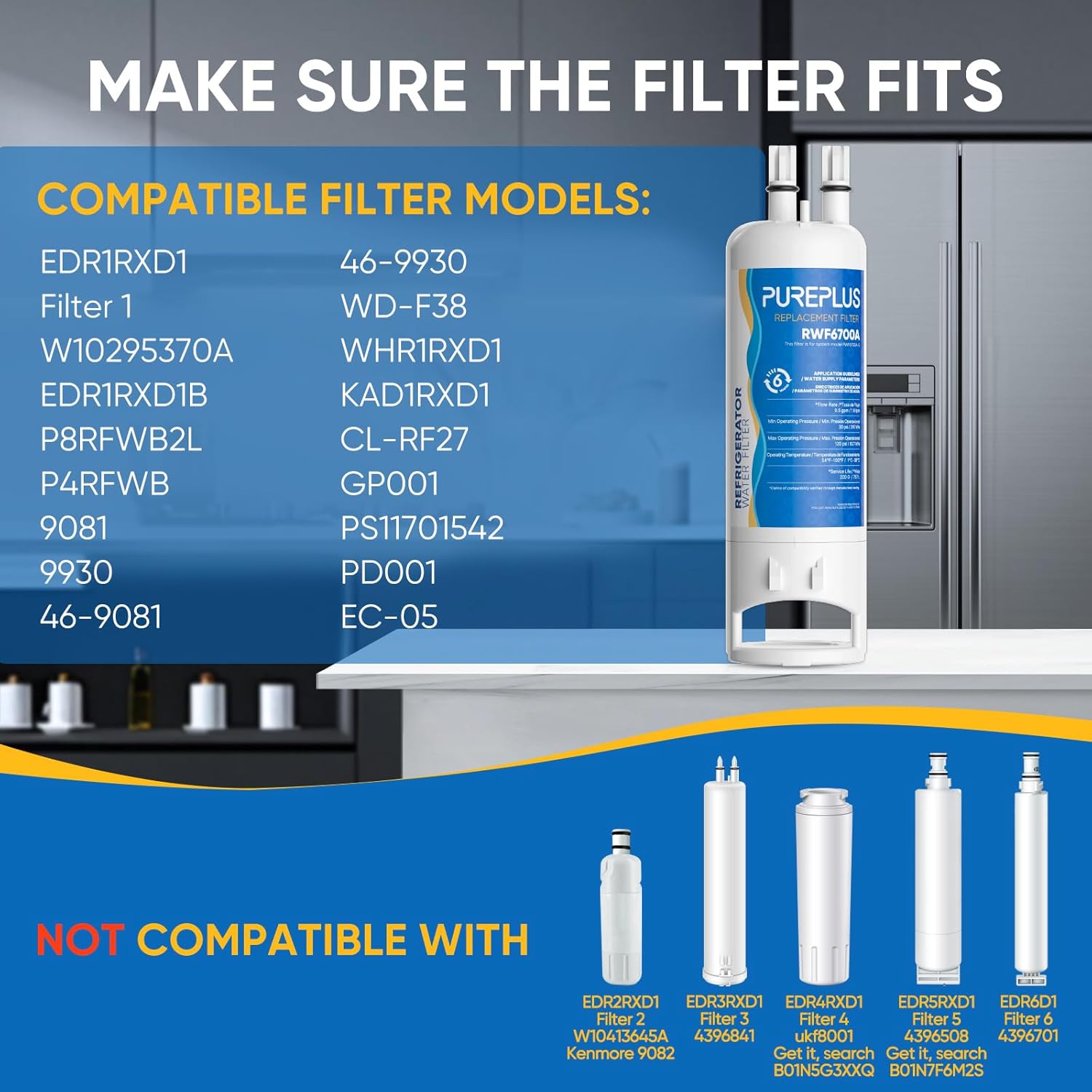PUREPLUS EDR1RXD1 Replacement for Everydrop® Filter 1, W10295370A, W10295370, EDR1RXD1B, P8RFWB2L, P4RFWB, Kenmore® 46-9081, 46-9930, WD-F38,WRS325SDHZ Refrigerator Water Filter, 3 Pack Standard 3 Count (Pack of 1)