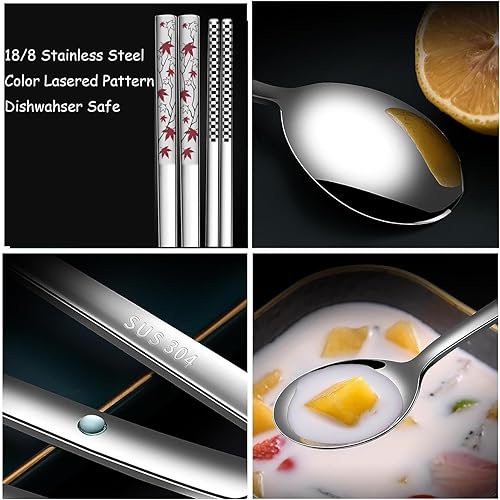 Miniatura 2 de Juego de cucharas y palillos coreanos de mango largo, acero inoxidable 188, multicolor grabado láser, palillos y cucharas, juego de palillos y