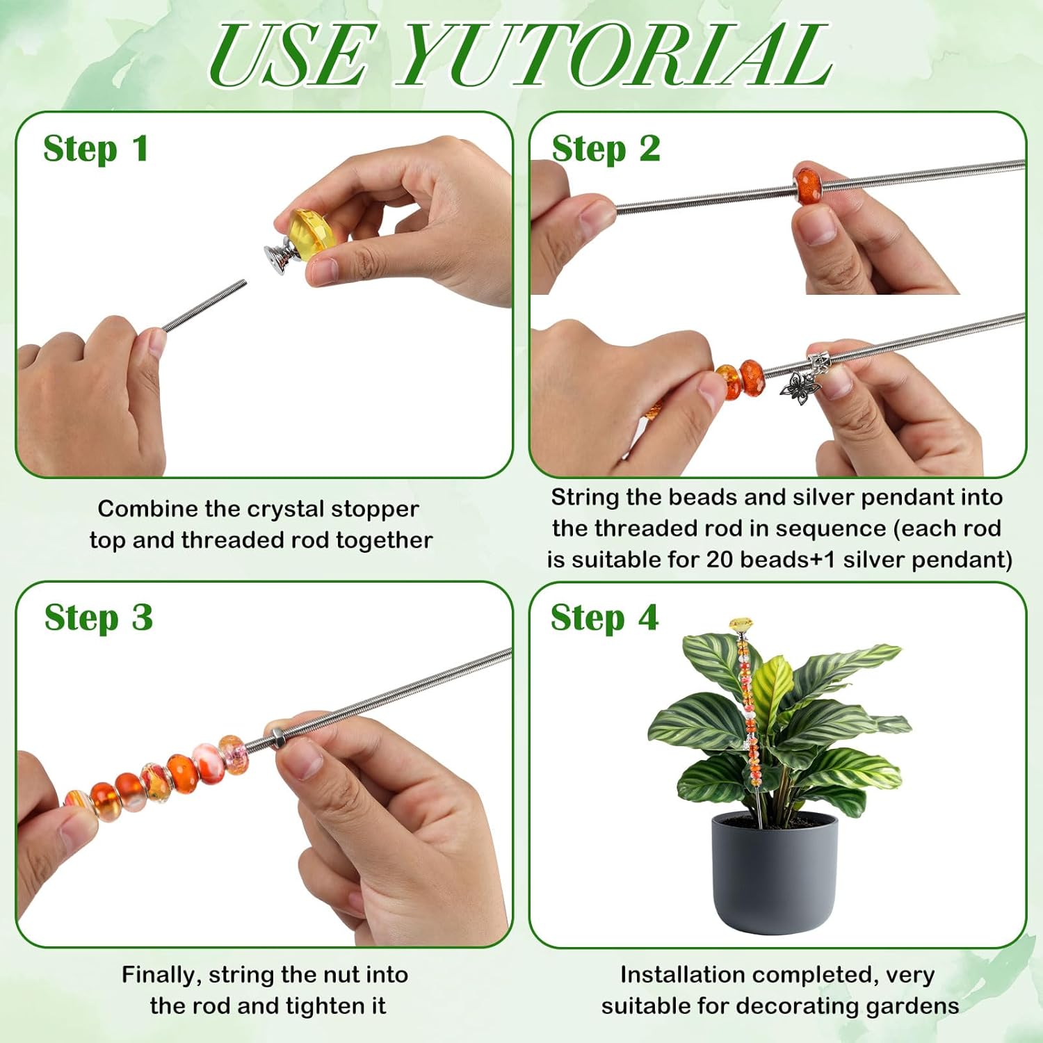 144 Pcs DIY Fairy Wand Garden Stake Beads Kits, 120 Colorful Large Hole Beads, 6 Color Crystal Diamond Tops and 12 Stainless Steel Threaded Rods, Beaded Garden Supplies for Decorative Outdoor - Image 9