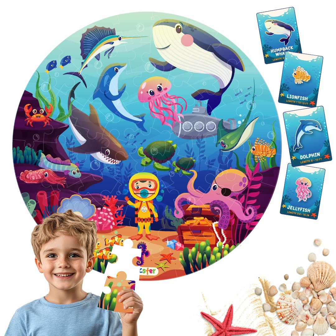 Jumbo 70 Piece Round Floor Puzzles for Kids Ages 3-5, 6-8, Large Jigsaw Puzzle with Educational Flash Cards and 3D Figures | Educational Gift (