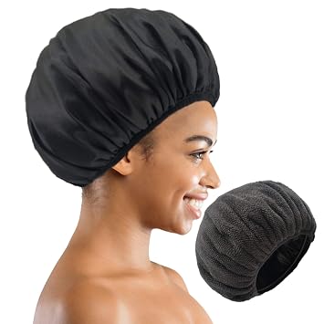 Terry Cloth Lined Shower Cap for Women Large Triple Layer Shower Cap with Dry Hair Function Resuable Waterproof Breathable Bath Cap Black Design