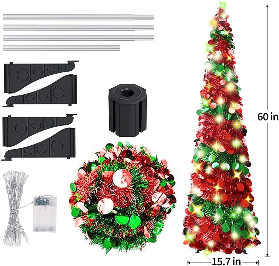 EEX 5ft Collapsible Artificial Christmas Tree,Sequin Pensil Tree for Apartment Home Office Store Holiday Decorations with 100 Color Lights Battery Operated 2 Modes